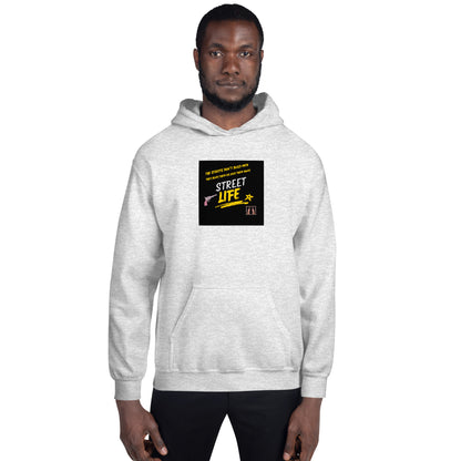 Heather gray Street Life hoodie with centered front print, pullover hood and ribbed cuffs
