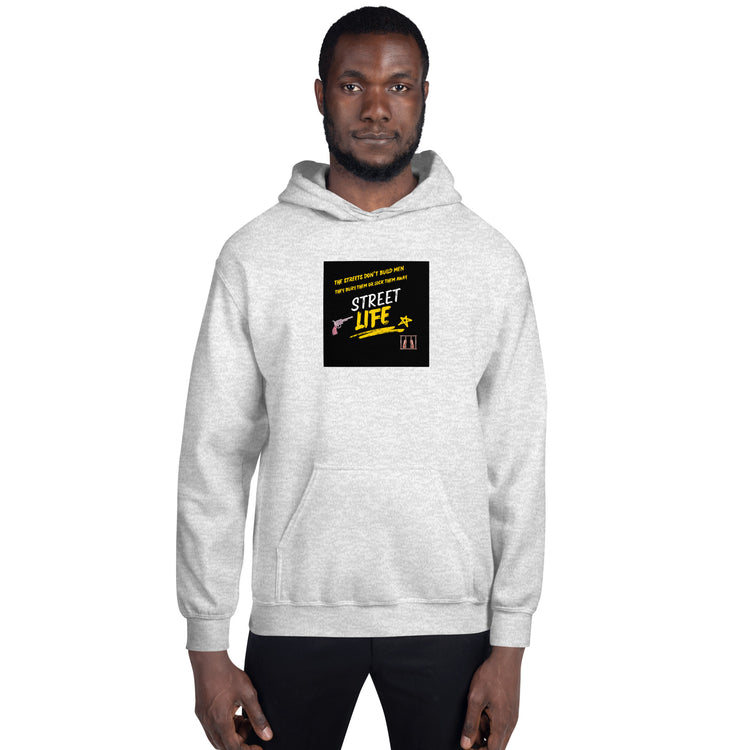 Light gray unisex hoodie with centered chest graphic and hood