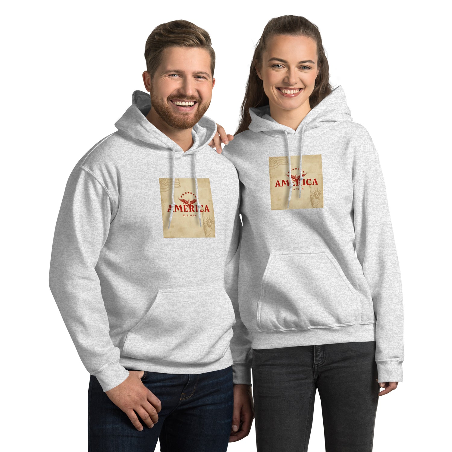 America Is A Scam unisex hoodie, hellgrau meliert, Kängurutasche, Frontprint