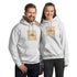 Light gray unisex hoodie with front pocket, drawstring hood, gold square graphic print.