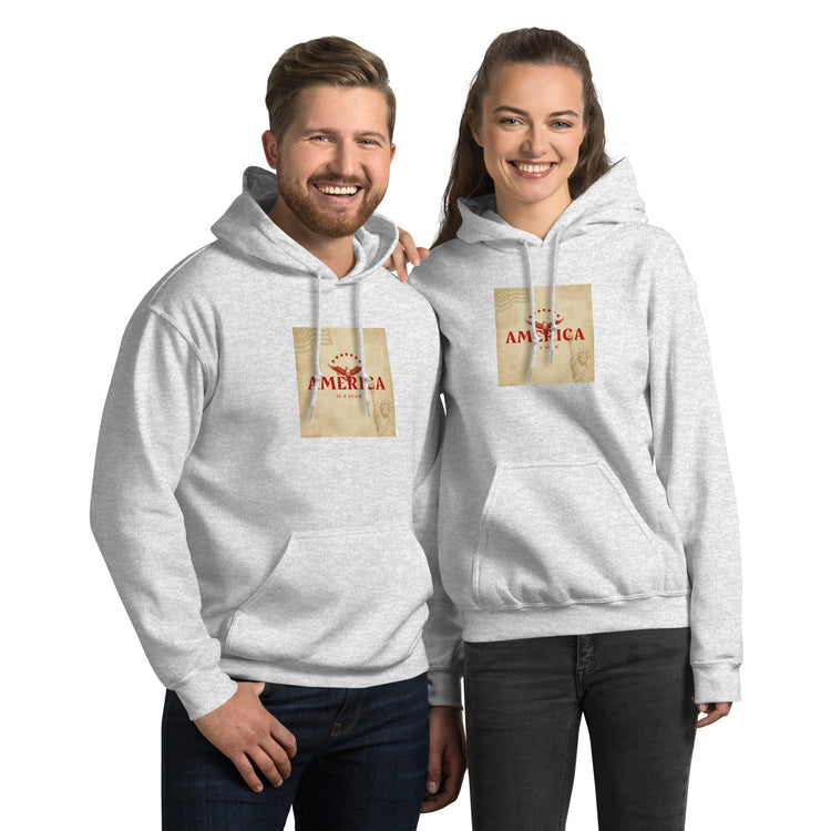 Light gray unisex hoodie with front pocket, drawstring hood, gold square graphic print.