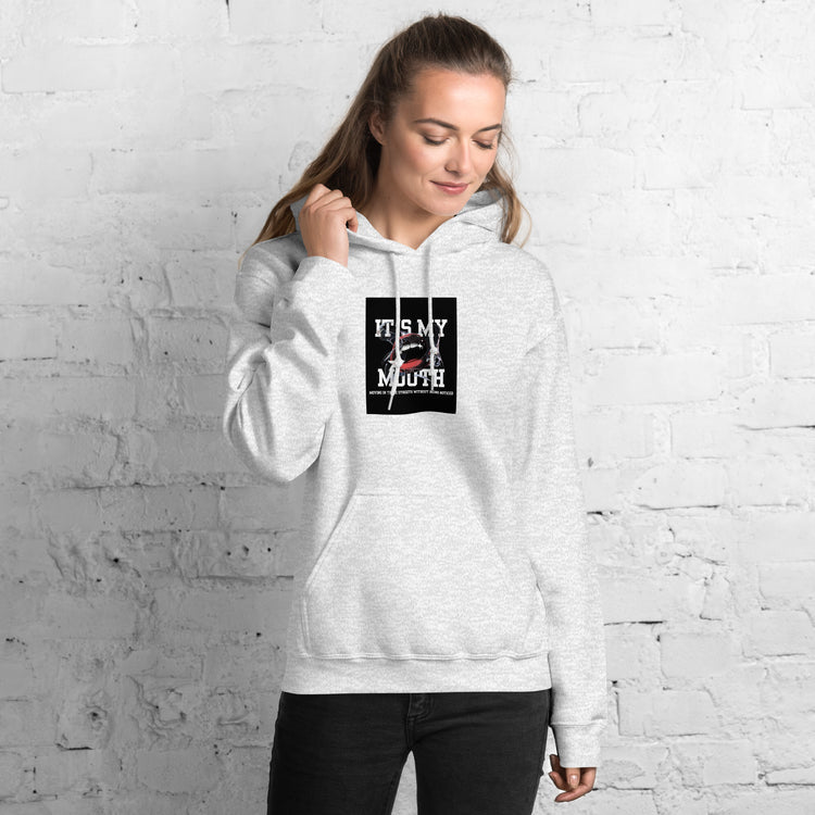 Light gray unisex hoodie with front logo patch, kangaroo pocket, and drawstring hood