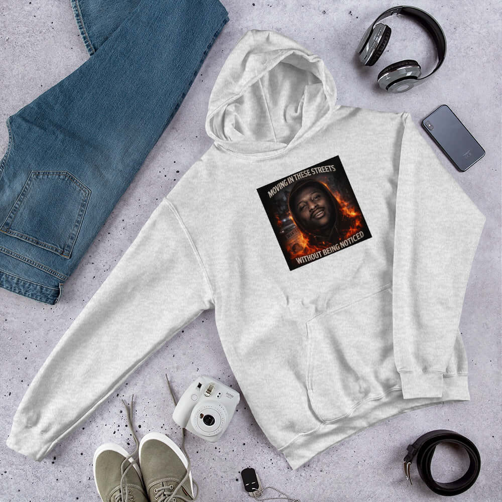 White unisex hoodie with front hood and rectangular chest graphic print