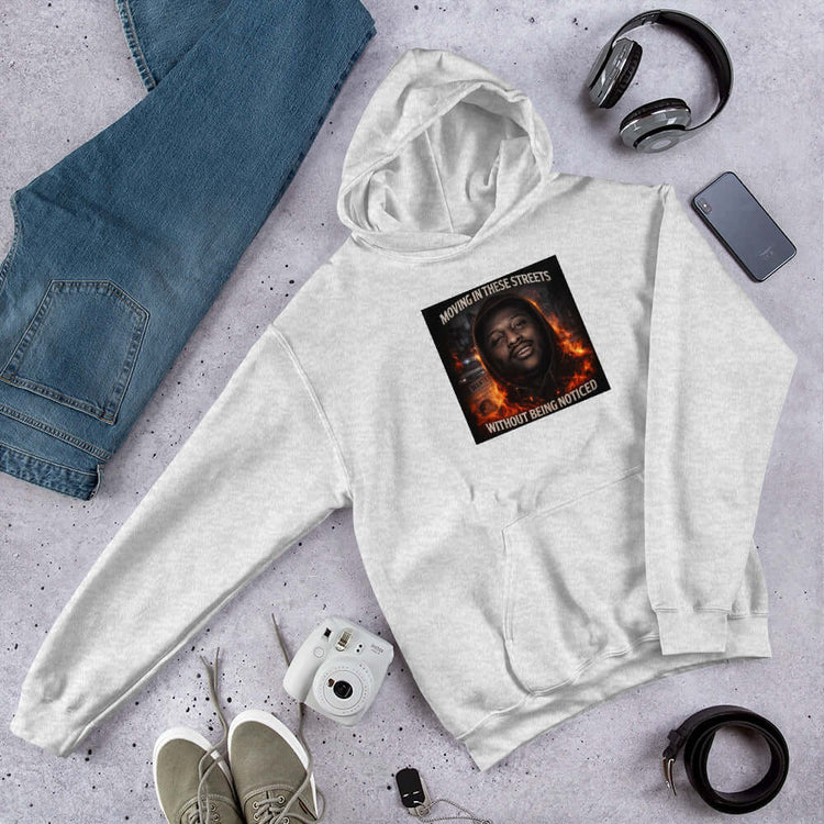 White unisex hoodie with front hood and rectangular chest graphic print