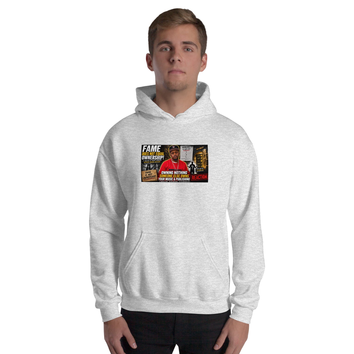 Heather gray unisex hoodie with front graphic, hood, and kangaroo pocket