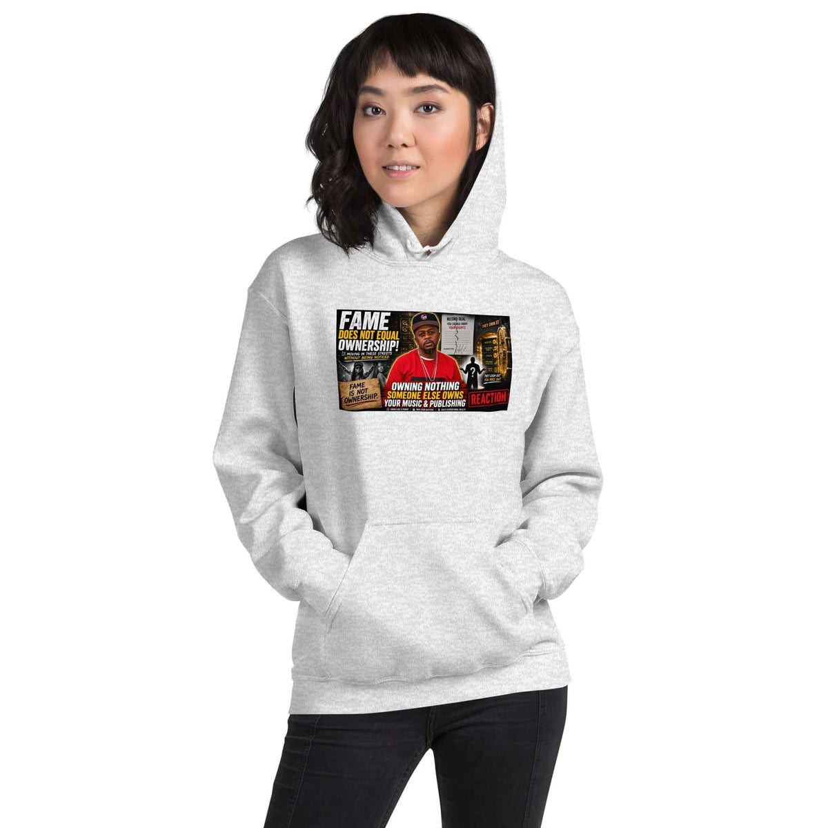 Light heather gray unisex streetwear hoodie with front printed graphic and kangaroo pocket