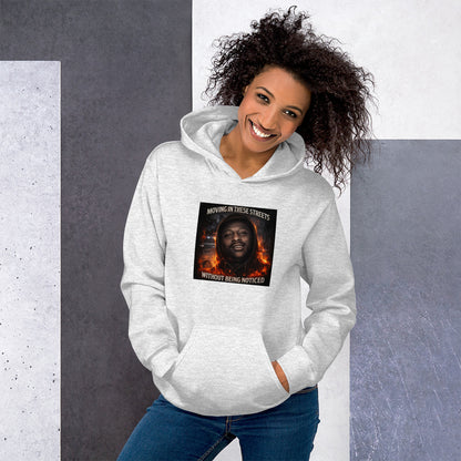 Light gray streetwear hoodie with hood, front pocket, and graphic chest print