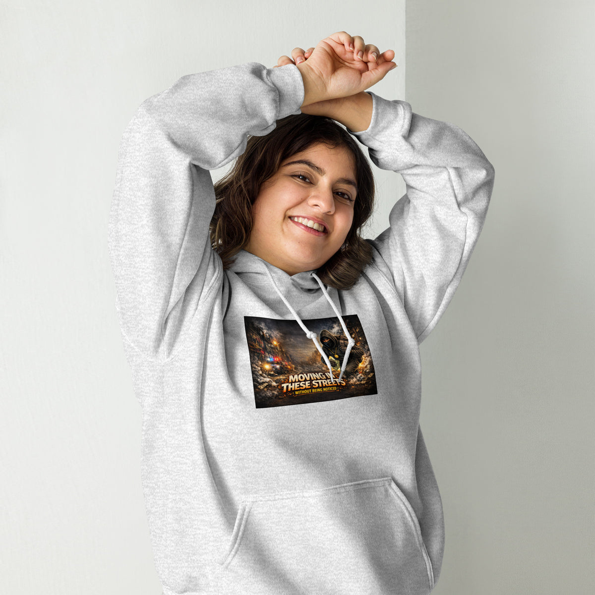 Heather gray streetwear hoodie with hood, front pocket, and chest graphic print