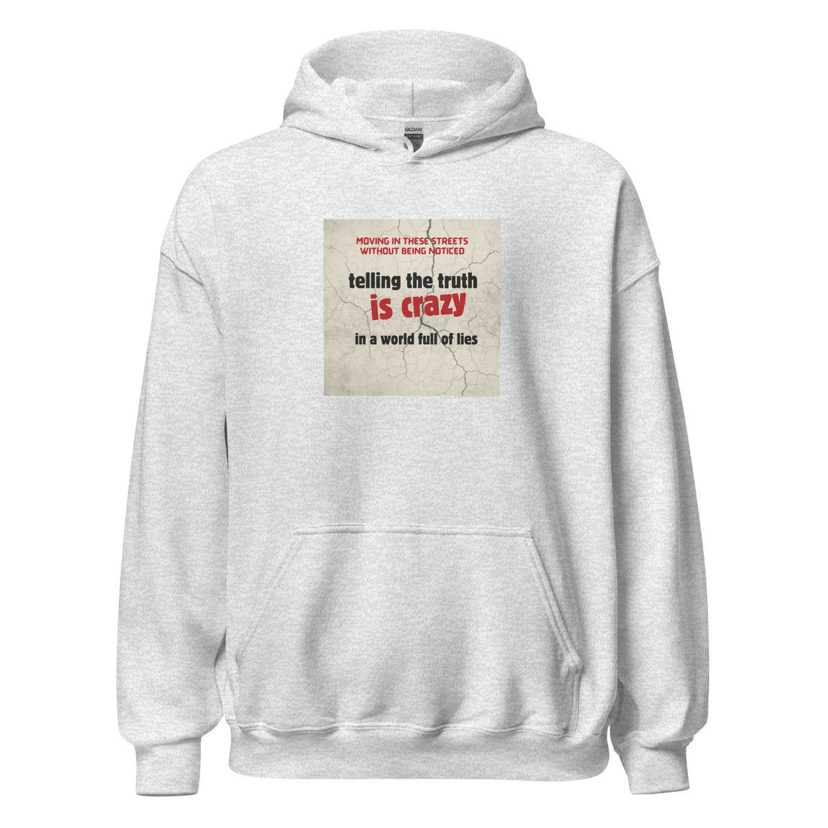 Light gray unisex pullover hoodie with front graphic, kangaroo pocket, and drawstring hood.