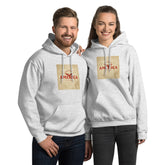 Unisex pullover hoodie in light gray with front graphic print and kangaroo pocket