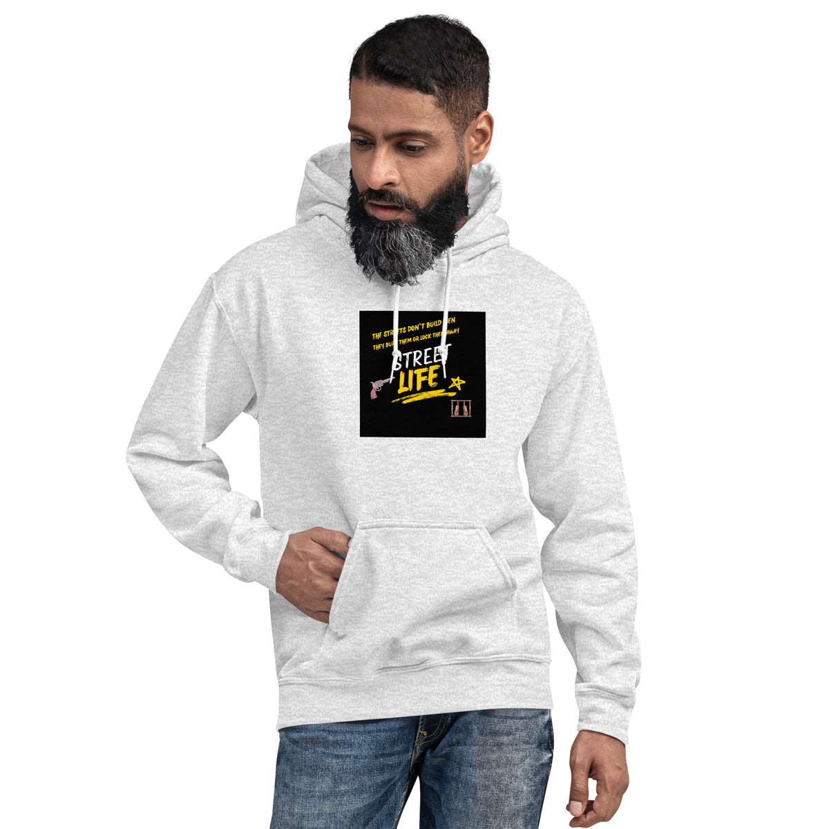 Light gray pullover hoodie with front graphic patch, kangaroo pocket, and hood drawstrings