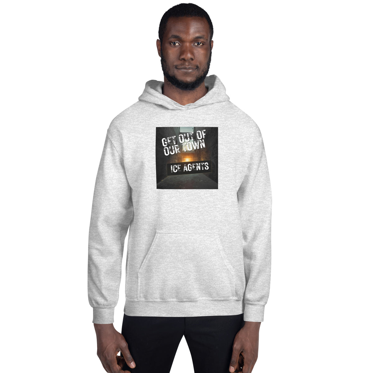 Heather gray pullover hoodie with hood, front pocket, and black “ICE AGENTS” chest graphic