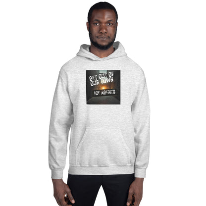 Heather gray pullover hoodie with hood, front pocket, and black “ICE AGENTS” chest graphic
