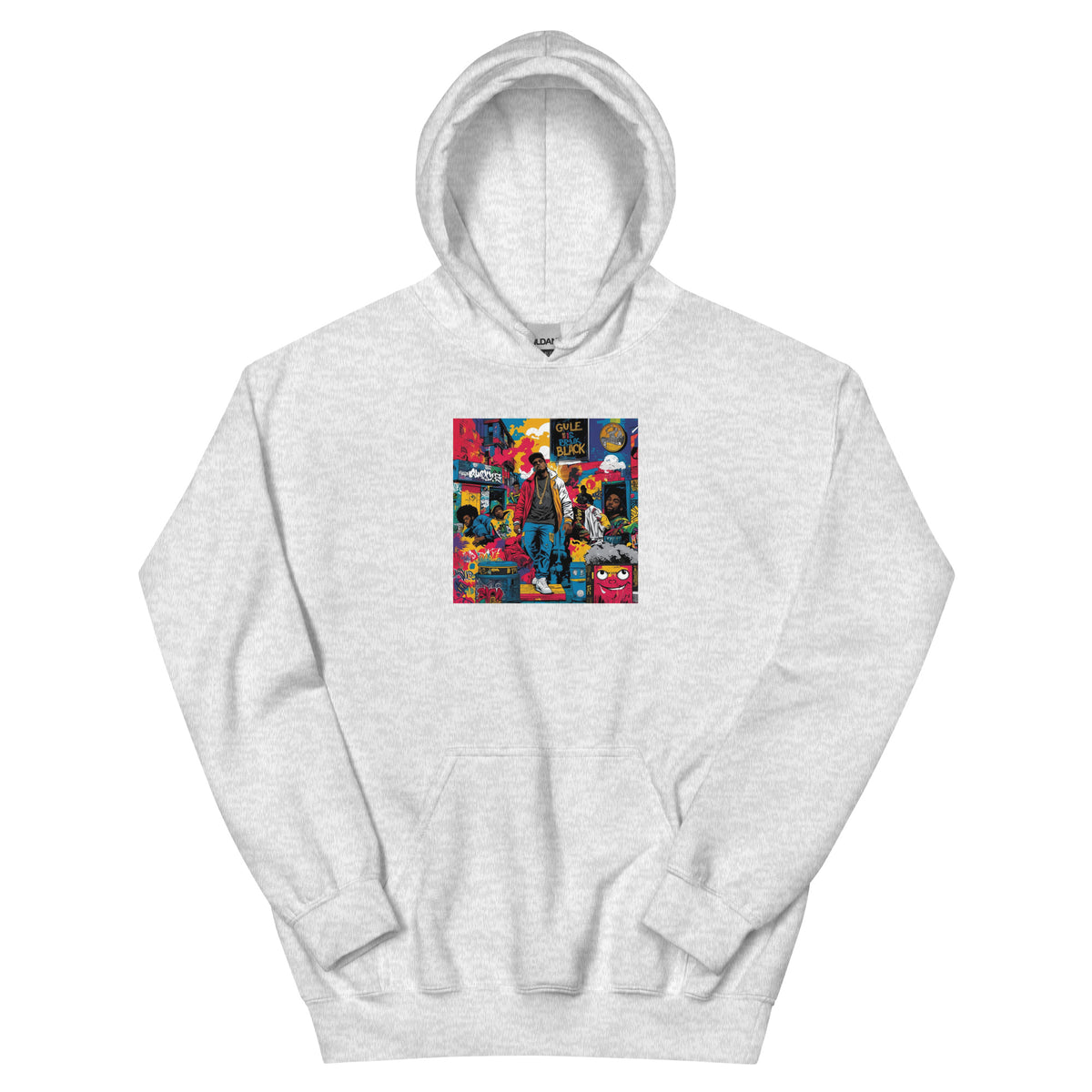 Light gray pullover hoodie with colorful square chest graphic and kangaroo pocket