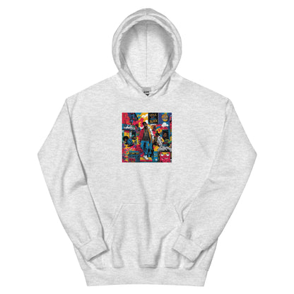 Light gray pullover hoodie with colorful square chest graphic and kangaroo pocket