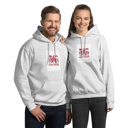 Light gray pullover hoodie with front graphic print, kangaroo pocket, and hood