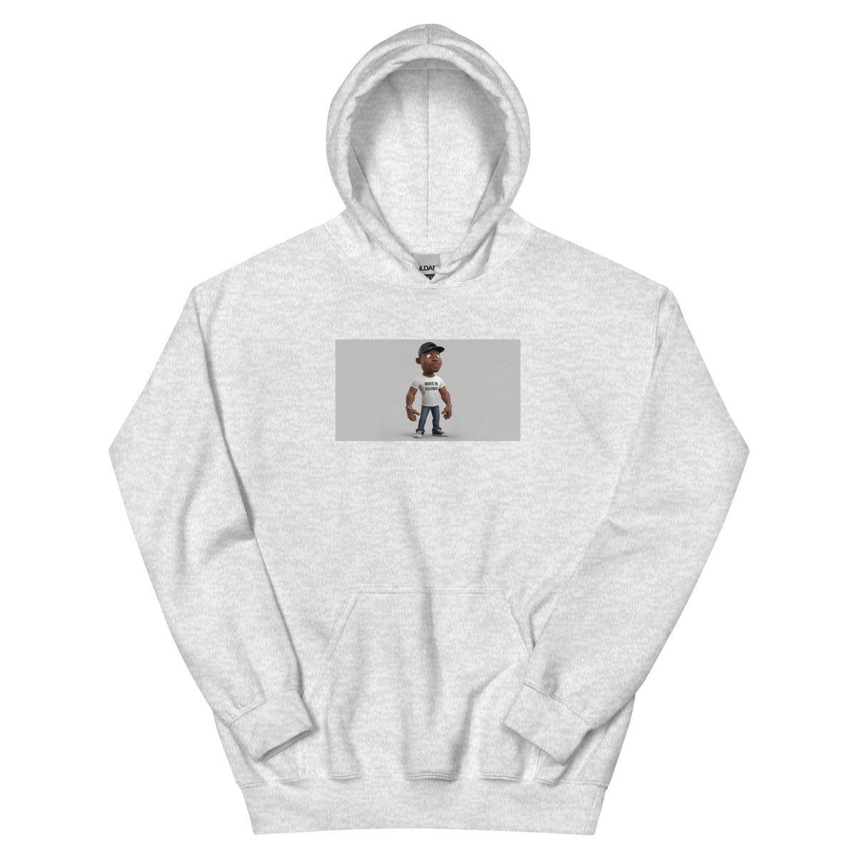 Light gray pullover hoodie with front chest graphic and kangaroo pocket