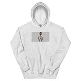 Light gray pullover hoodie with front chest graphic and kangaroo pocket