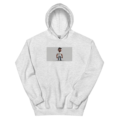 Light gray pullover hoodie with front chest graphic and kangaroo pocket