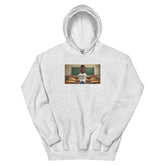 Light gray hooded sweatshirt with front graphic panel and kangaroo pocket.