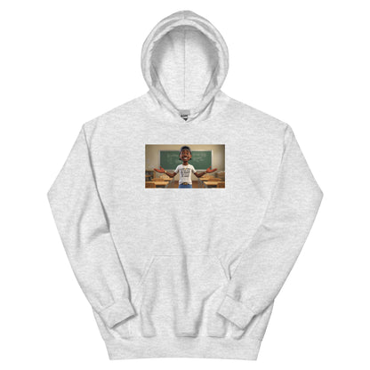 Light gray hooded sweatshirt with front graphic panel and kangaroo pocket.