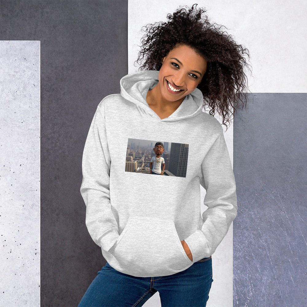 Light gray pullover hoodie with hood, front photo graphic, kangaroo pocket