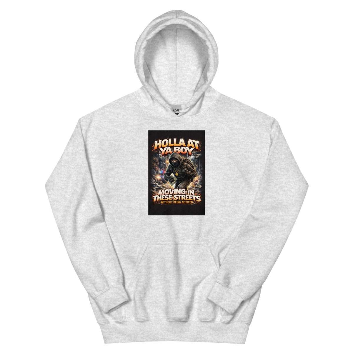 Light gray pullover hoodie with center front graphic print