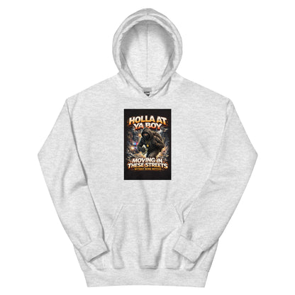 Light gray pullover hoodie with center front graphic print
