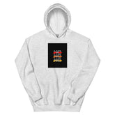 Light gray pullover hoodie with front square logo graphic and drawstring hood