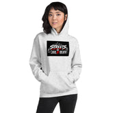 Unisex heather gray hoodie with hood, front pocket, and Streets Jail or Death graphic on chest.