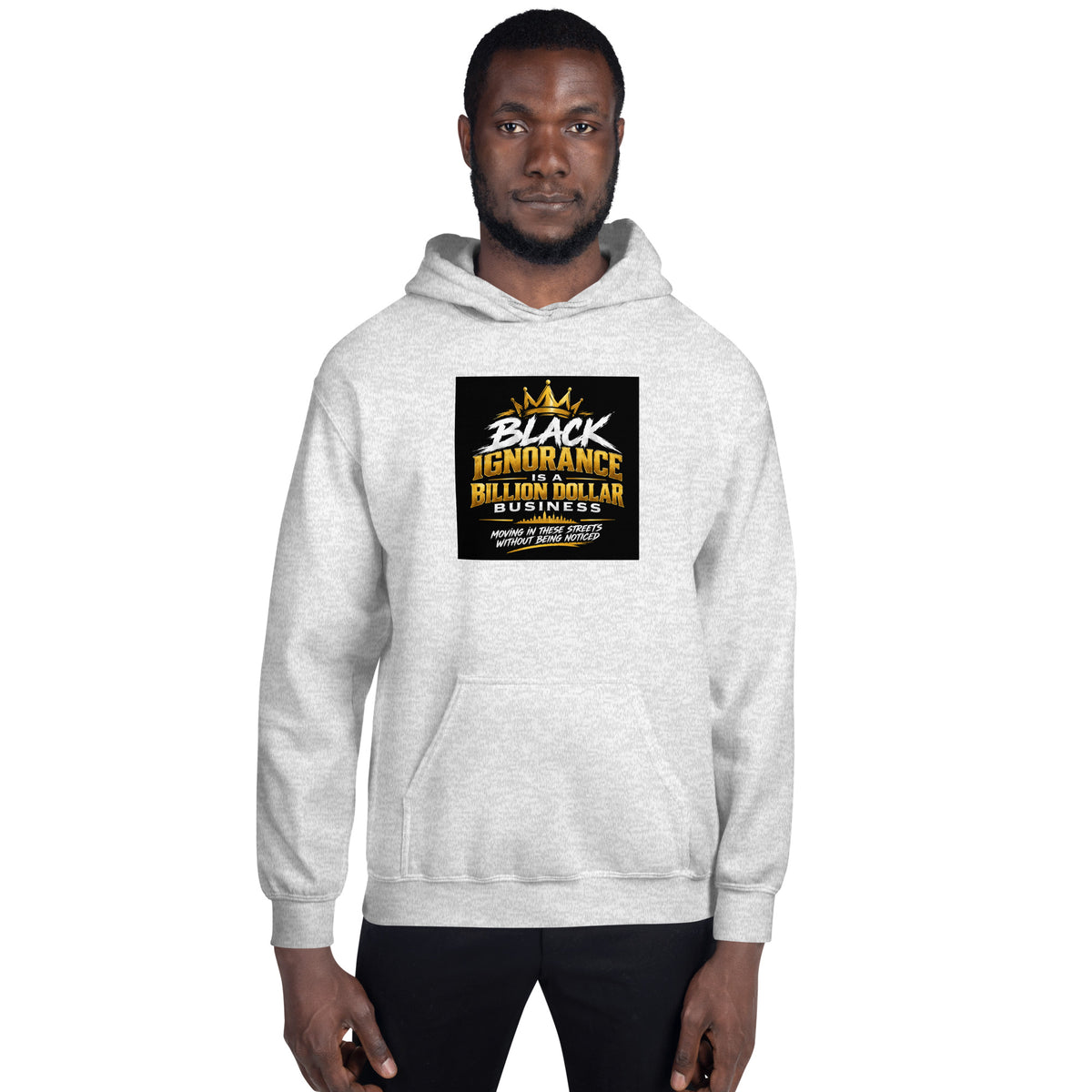 Light gray unisex hoodie front view with hood and logo graphic