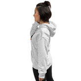 Unisex hoodie in light gray, side view from back; hood and kangaroo pocket visible