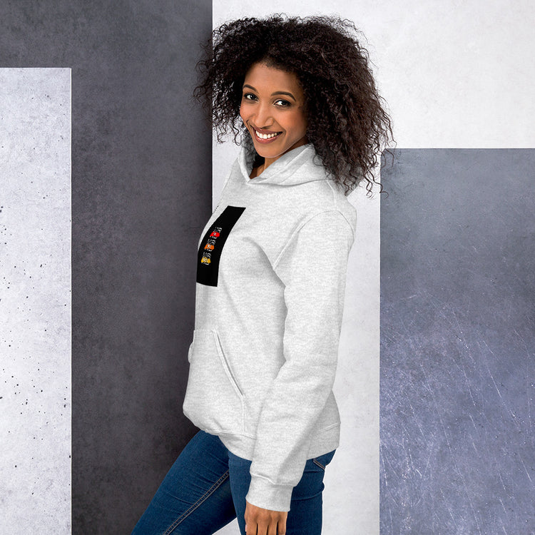 Unisex heather gray hoodie side view with pullover hood and front graphic patch