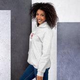 Light gray unisex hoodie three-quarter view with front chest heart graphic