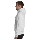 Light gray unisex hoodie with hood, side view, kangaroo pocket.