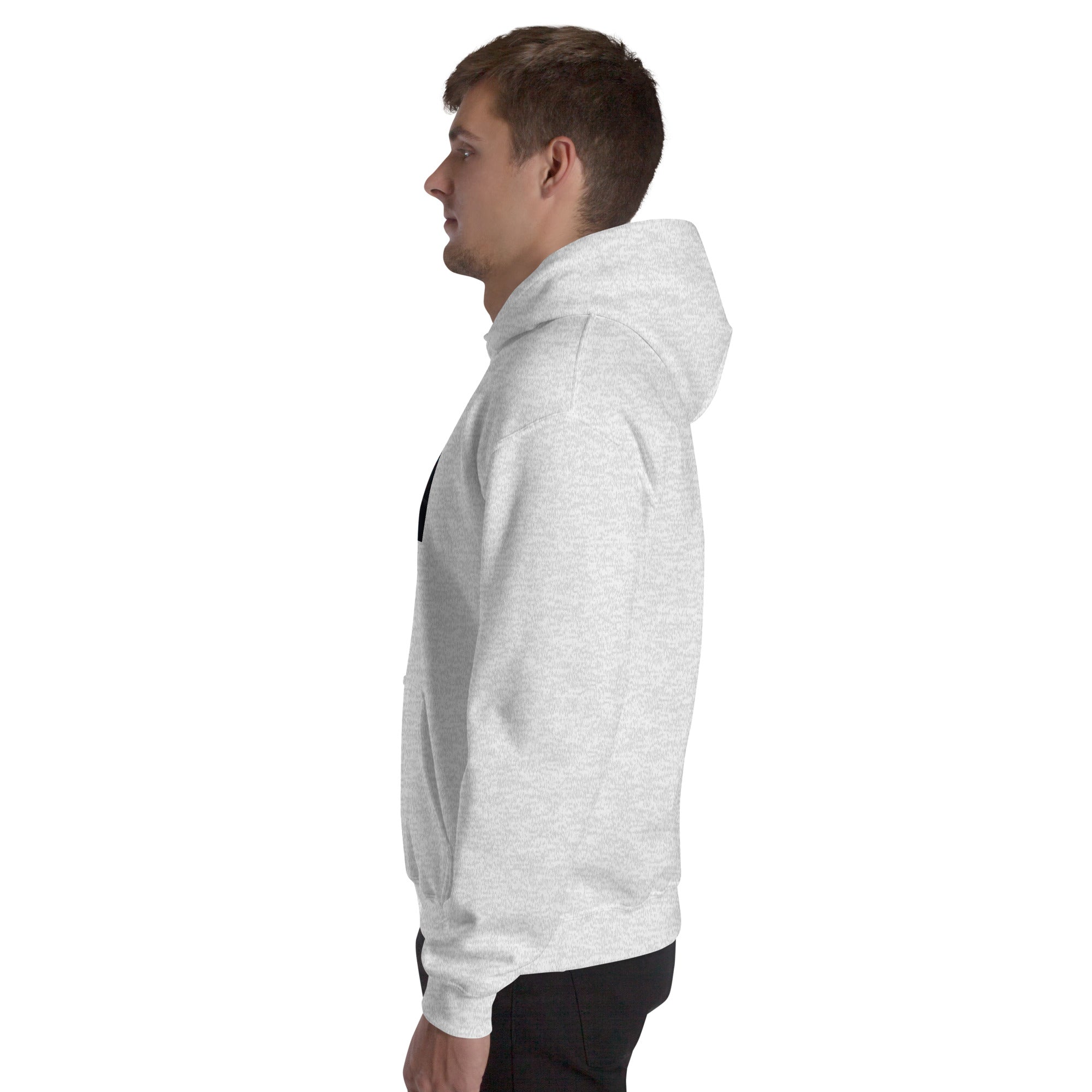 Light gray unisex hoodie, side view, hood and ribbed cuffs