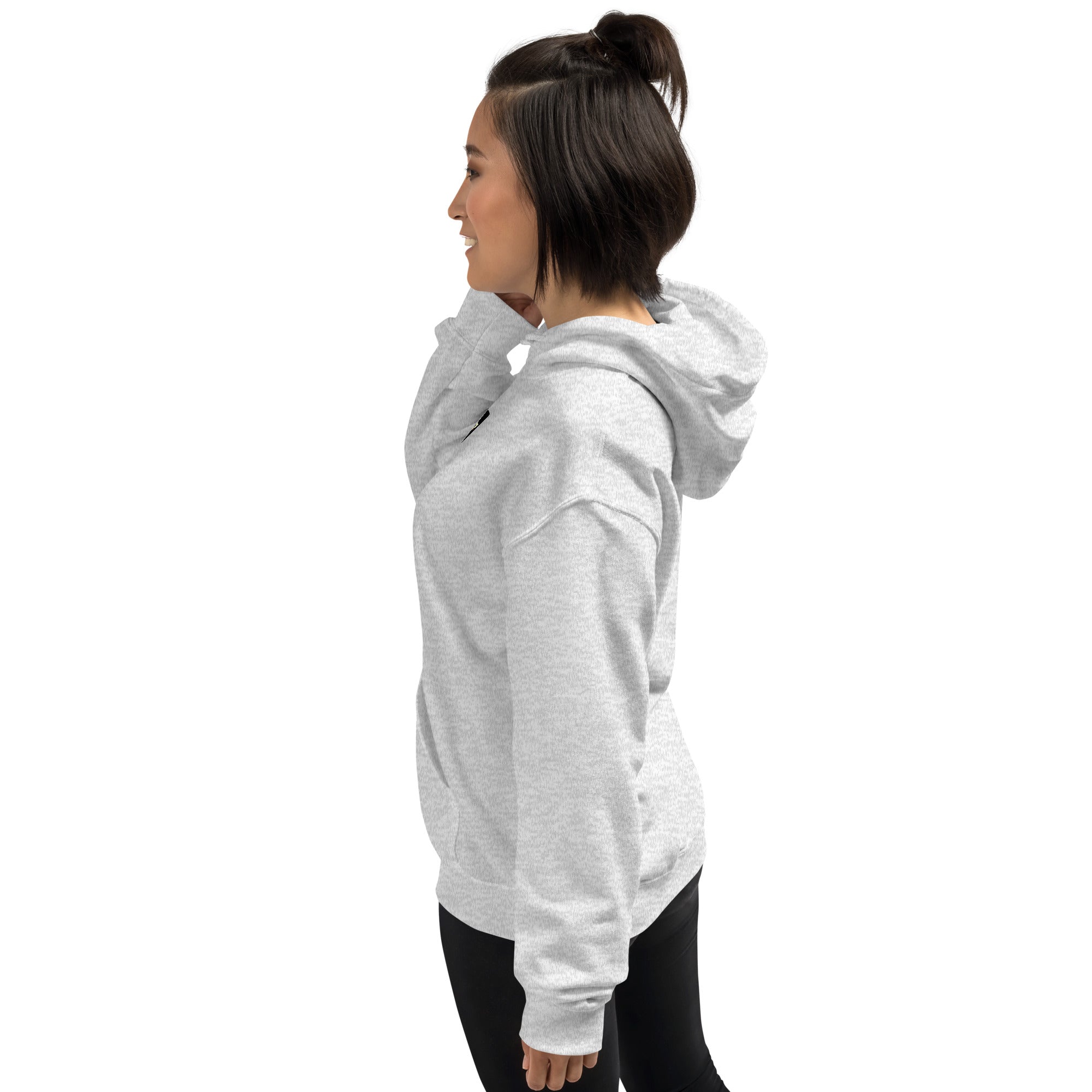 Sport Grey unisex hoodie, back/side view with hood and long sleeves