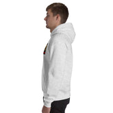 Heather gray unisex hoodie from the side, with hood and kangaroo pocket