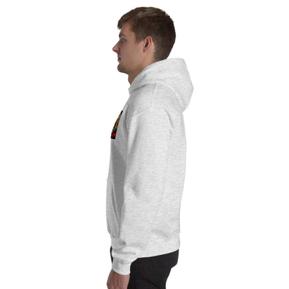 Heather gray unisex hoodie from the side, with hood and kangaroo pocket