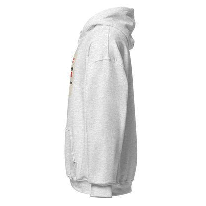 Light gray unisex pullover hoodie side view with drawstring hood and kangaroo pocket.