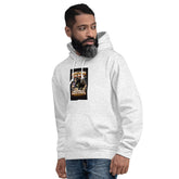 Dark Heather grey unisex hoodie front view, hood and chest graphic