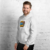 Light gray unisex hoodie with front graphic, kangaroo pocket, and drawstring hood