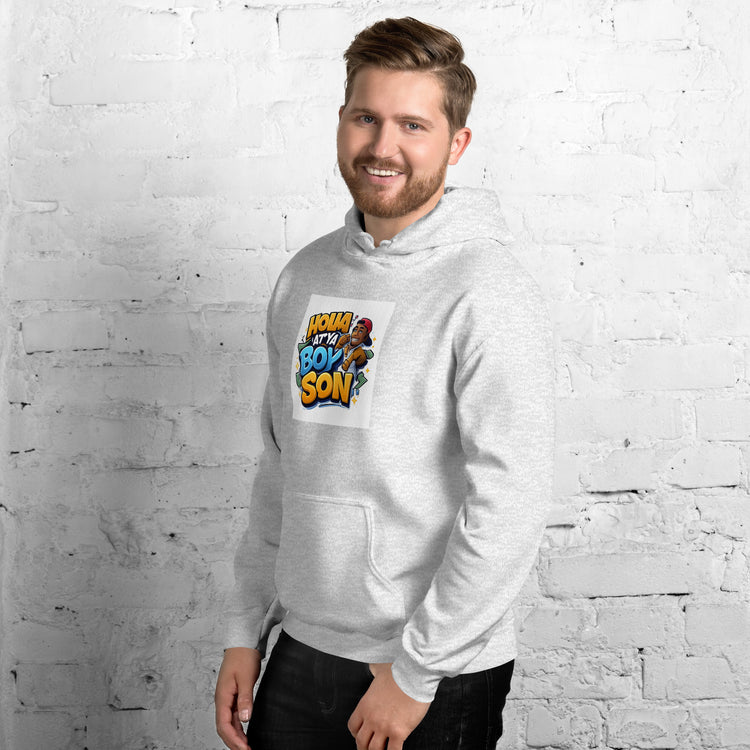 Light gray unisex hoodie with front graphic, kangaroo pocket, and drawstring hood