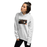 Unisex hoodie in light gray, front 3/4 view; hood, pocket, and chest graphic panel