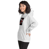 Unisex heather gray hoodie with hood, kangaroo pocket, and square chest graphic