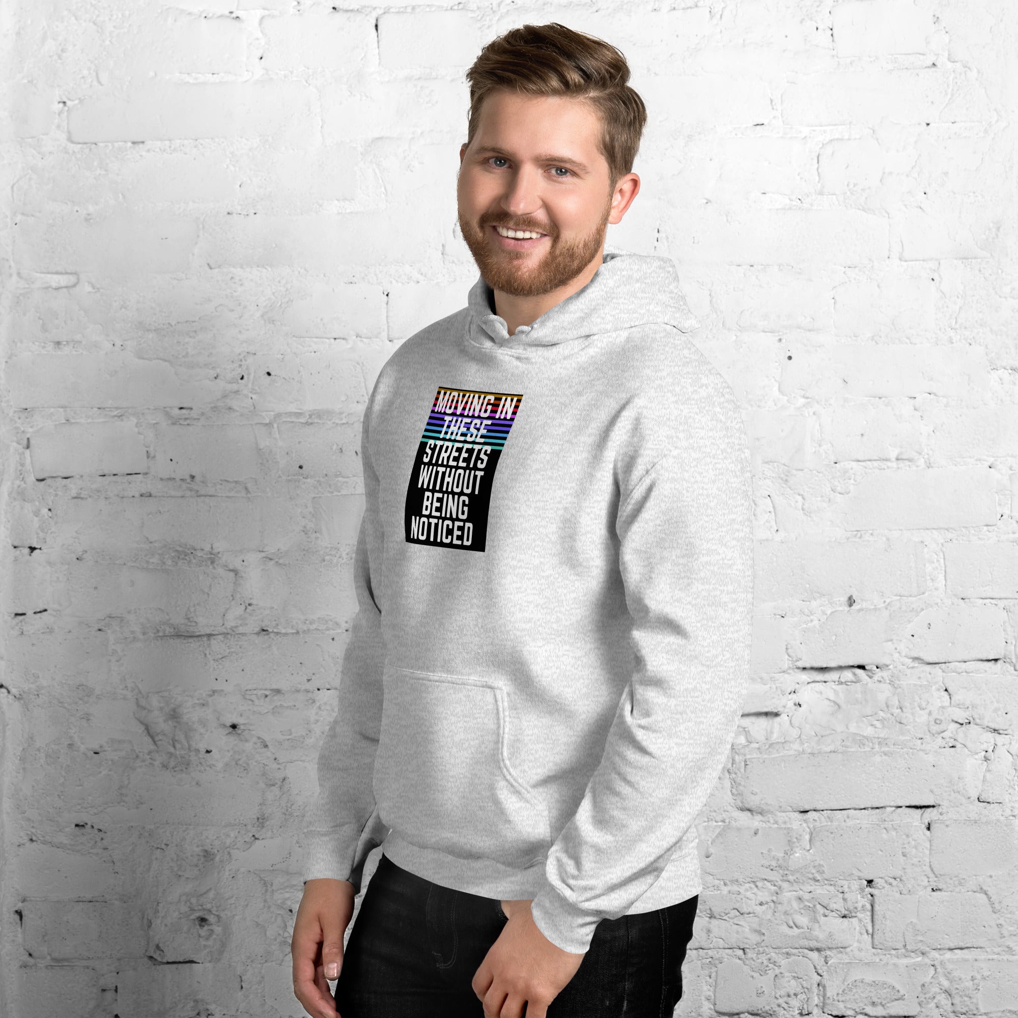 Ash unisex hoodie, front graphic print; hood with drawstrings and kangaroo pocket.