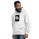 Light gray unisex hoodie with front graphic and pouch pocket, drawstring hood