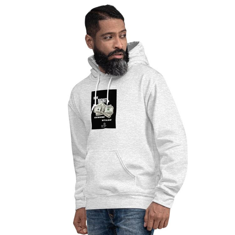 Light gray unisex hoodie with front graphic and pouch pocket, drawstring hood