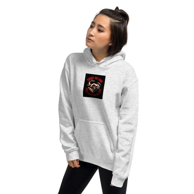 Grey unisex hoodie with hood, kangaroo pocket, and chest graphic