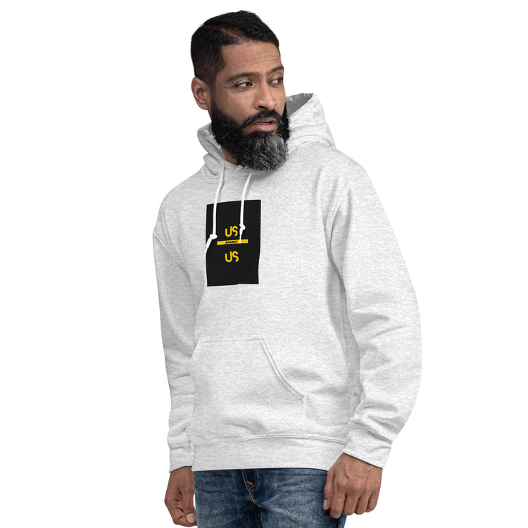 Unisex hoodie in light gray with hood and front pocket, front view with black graphic